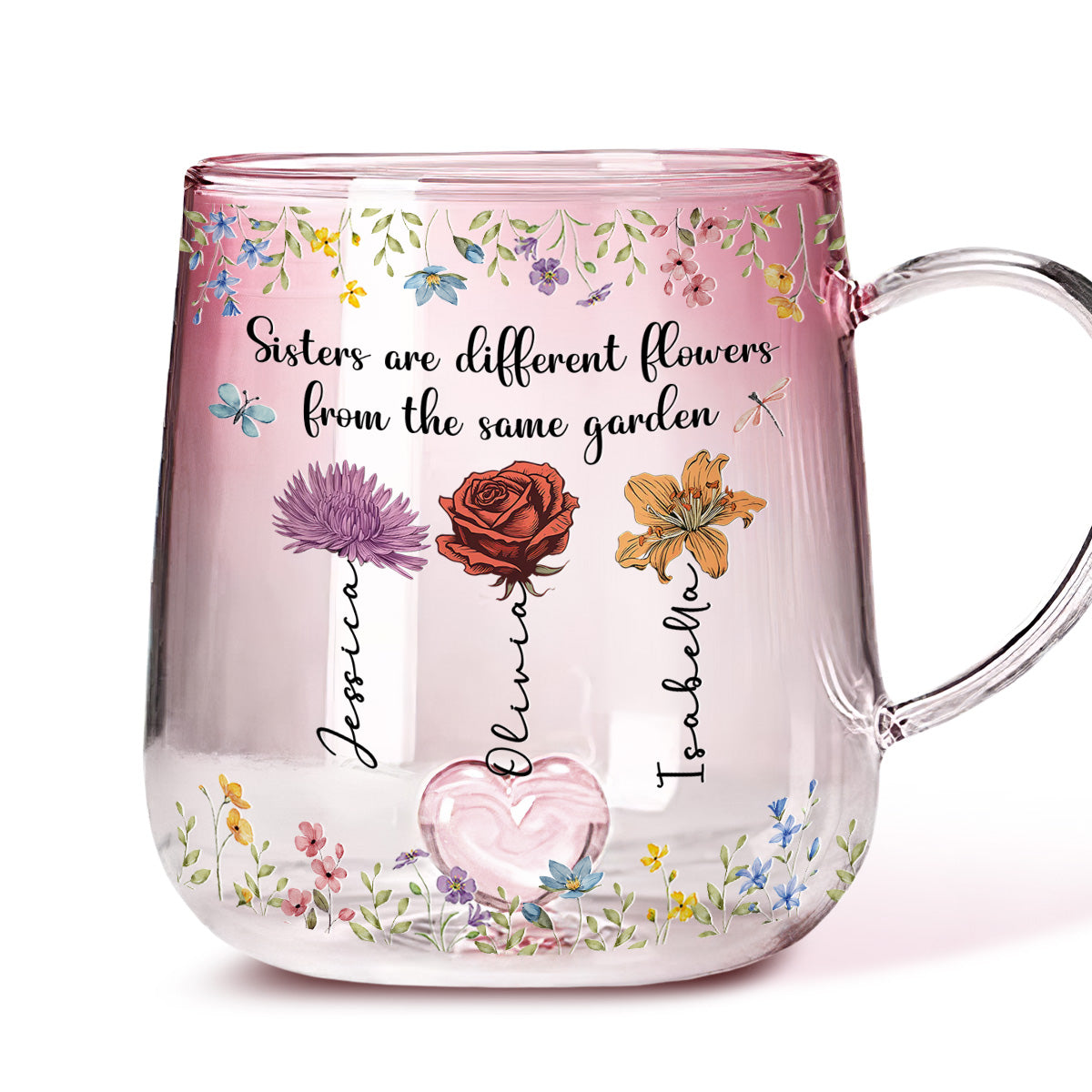 Sisters Are Different Flowers From The Same Garden - Personalized Custom Pink Gradient Glass Mug