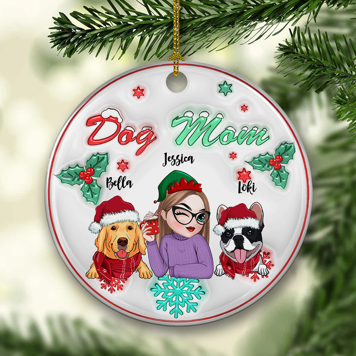 Dog Mom Pastel - Personalized Custom 3D Inflated Effect Ceramic Ornament