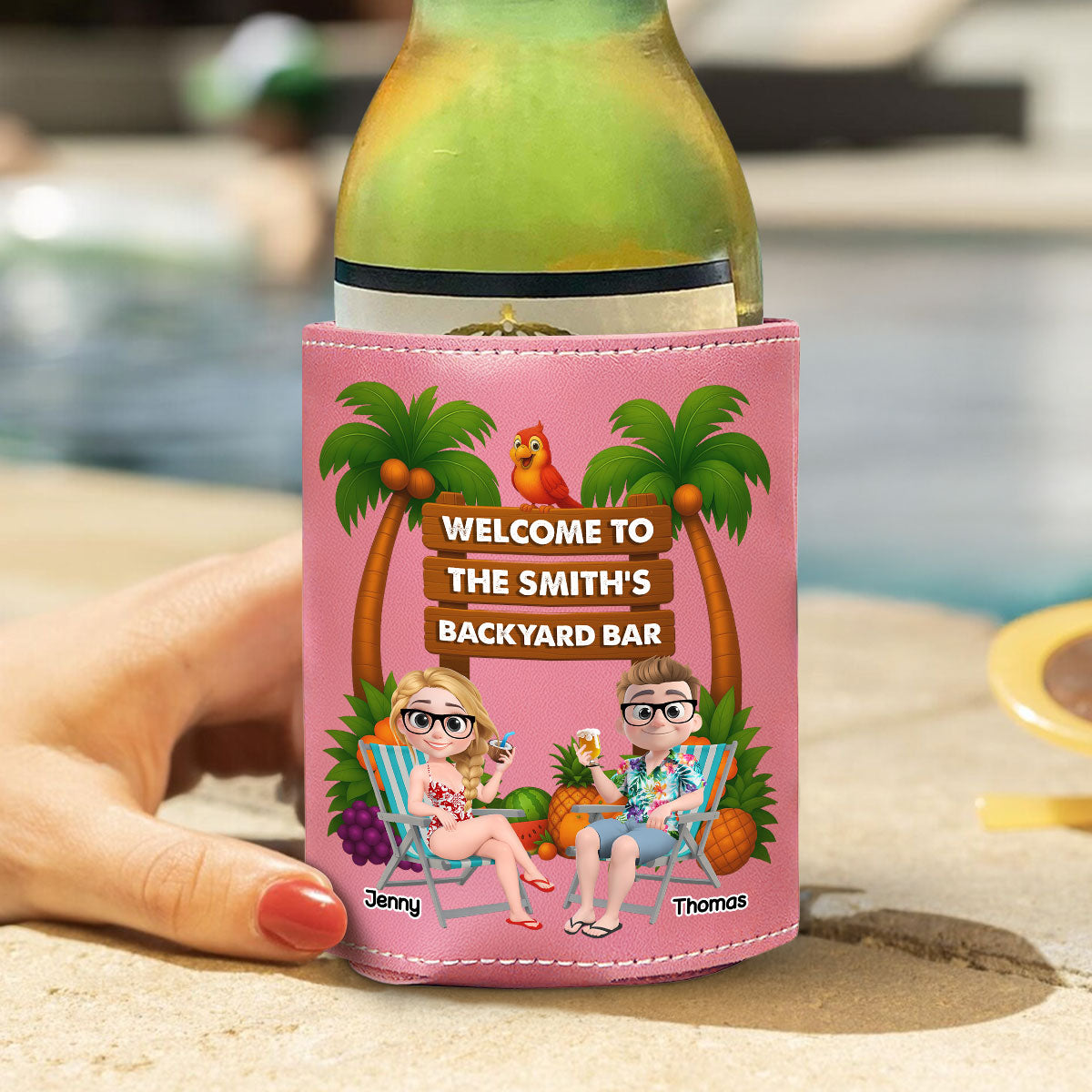 Welcome To Our Tiki Bar - Personalized Custom Pink Leather Can Cooler Holder
