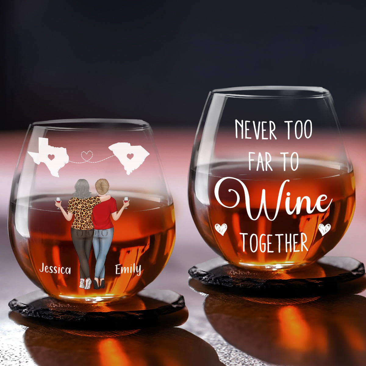 Never Too Far To Drink Wine Together - Personalized Custom Wine Glass