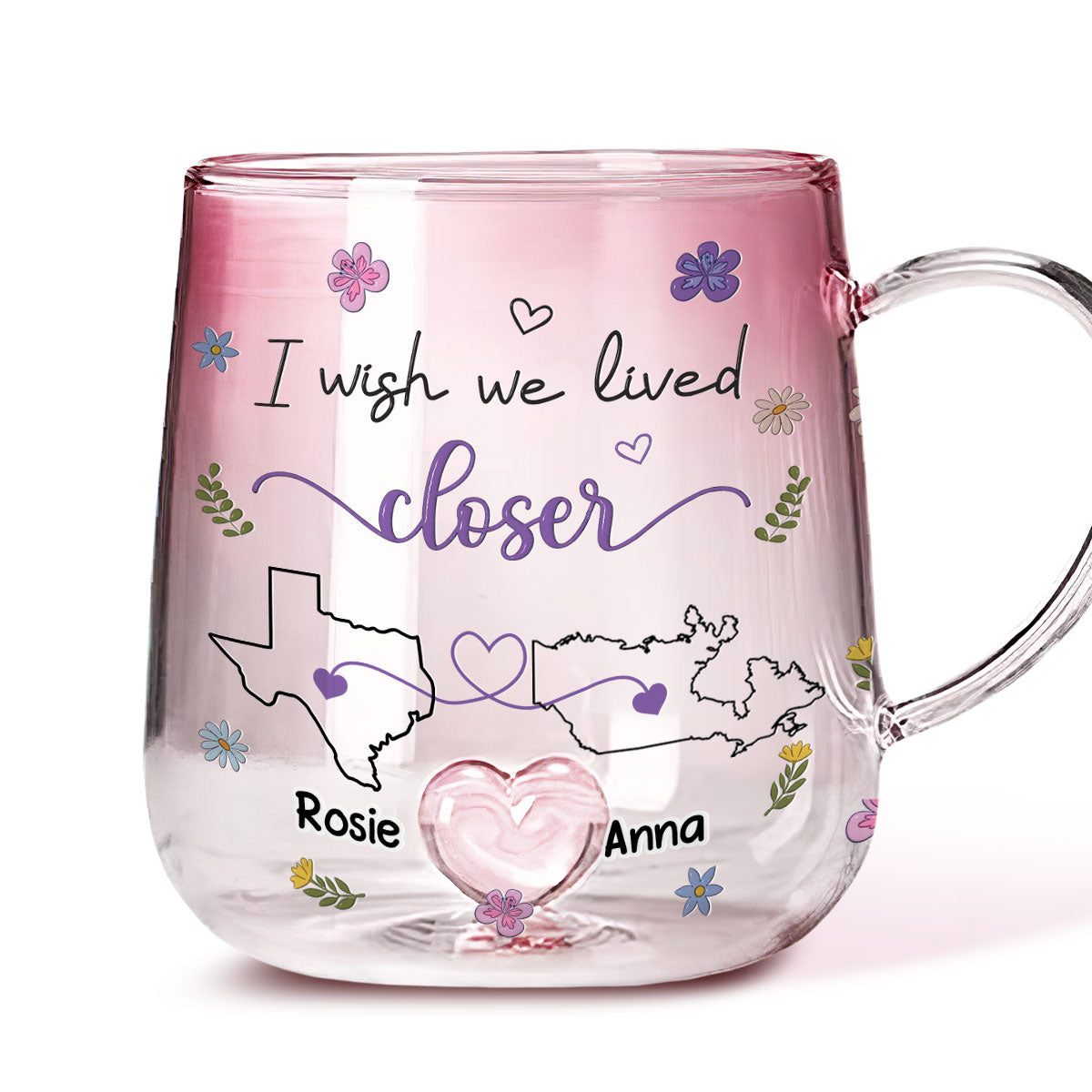 I Wish We Lived Closer Flowers Version - Personalized Custom Pink Gradient Glass Mug