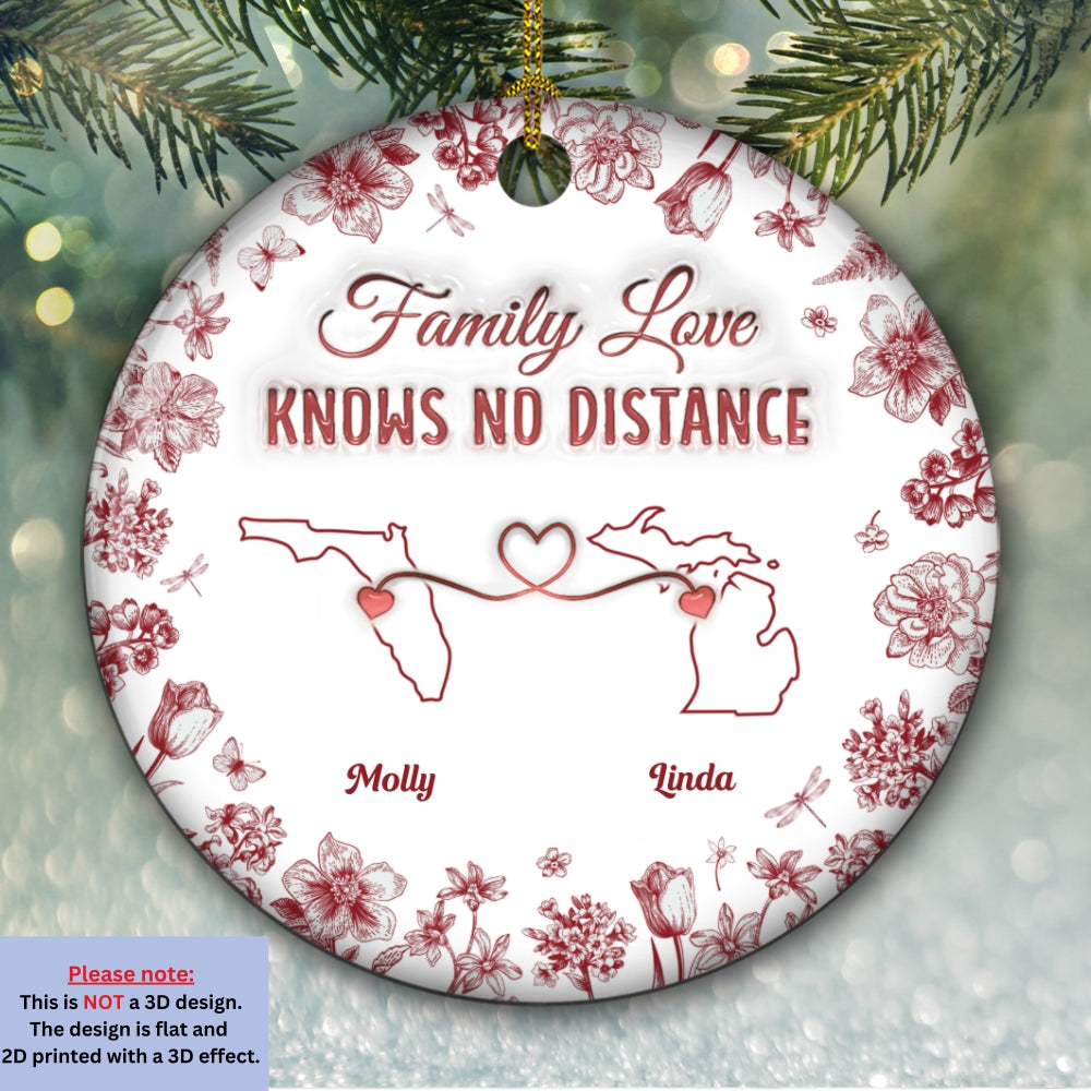 Family Love Knows No Distance Toile Style - Personalized Custom 3D Inflated Effect Ceramic Ornament