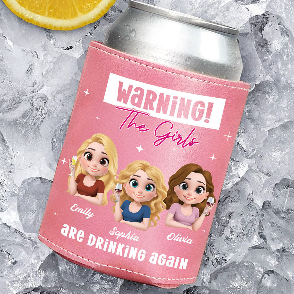 Drinking Alert - Personalized Custom Pink Leather Can Cooler Holder