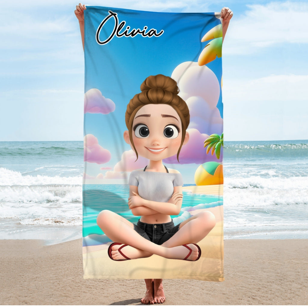Beautiful Girl Cartoonize - Personalized Custom Beach Towel