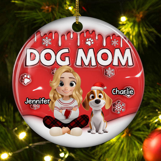 Dog Mom Cartoon In Christmas - Personalized Custom 3D Inflated Effect Ceramic Ornament