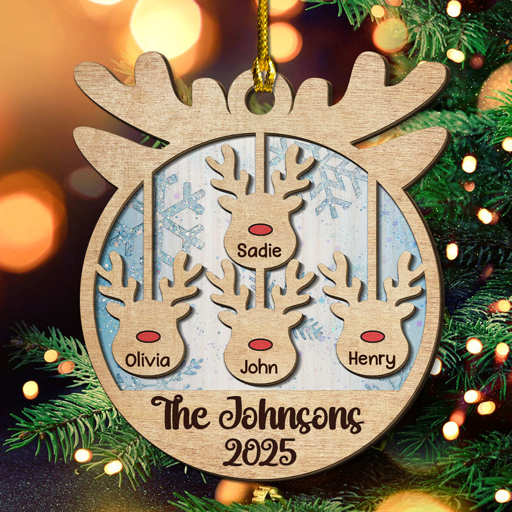 Reindeer Family Name - Personalized Custom 2-Layered Wood Ornament