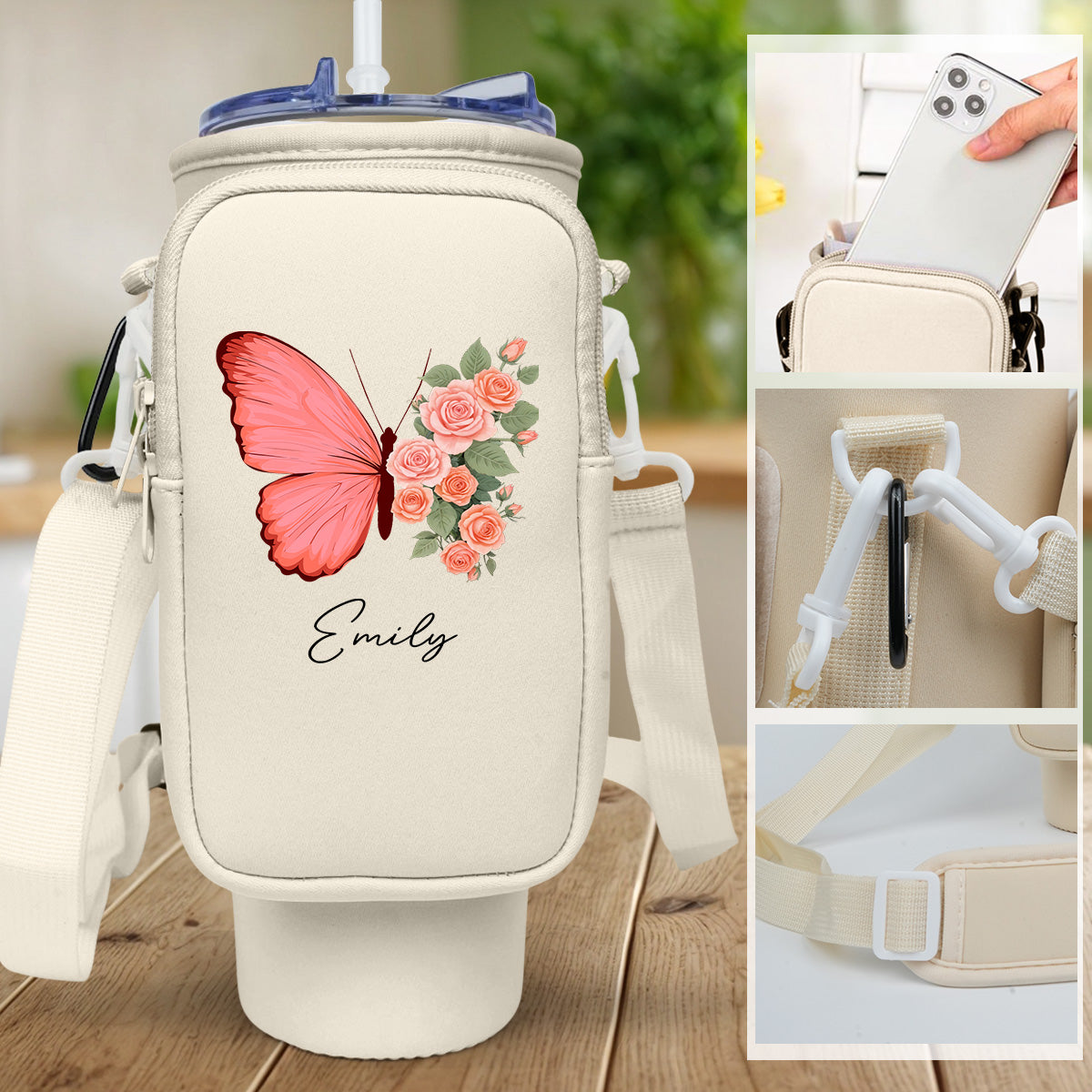 Butterfly Birthmonth Flower With Name - Personalized Custom 40oz Water Bottle Carrier Bag