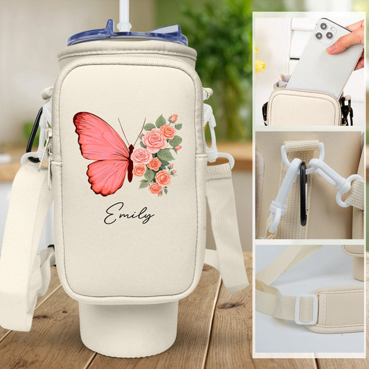 Butterfly Birthmonth Flower With Name - Personalized Custom 40oz Water Bottle Carrier Bag