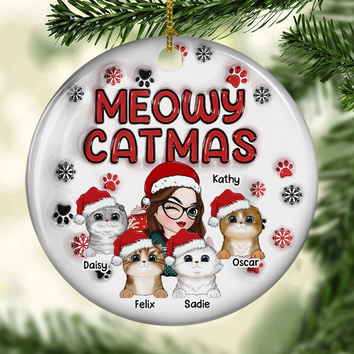 Meowy Catmas Cat Mom - Personalized Custom 3D Inflated Effect Ceramic Ornament