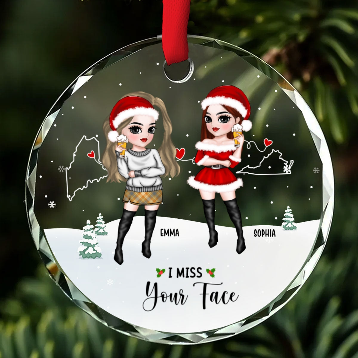 Long Distance Besties - Personalized Custom Glass Ornament