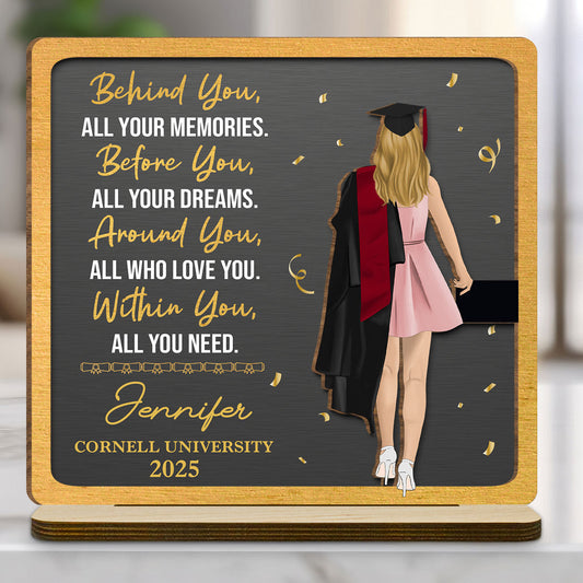 Memories Behind Dreams Ahead - Personalized Custom 2-Layer Wood Plaque With Flat Base