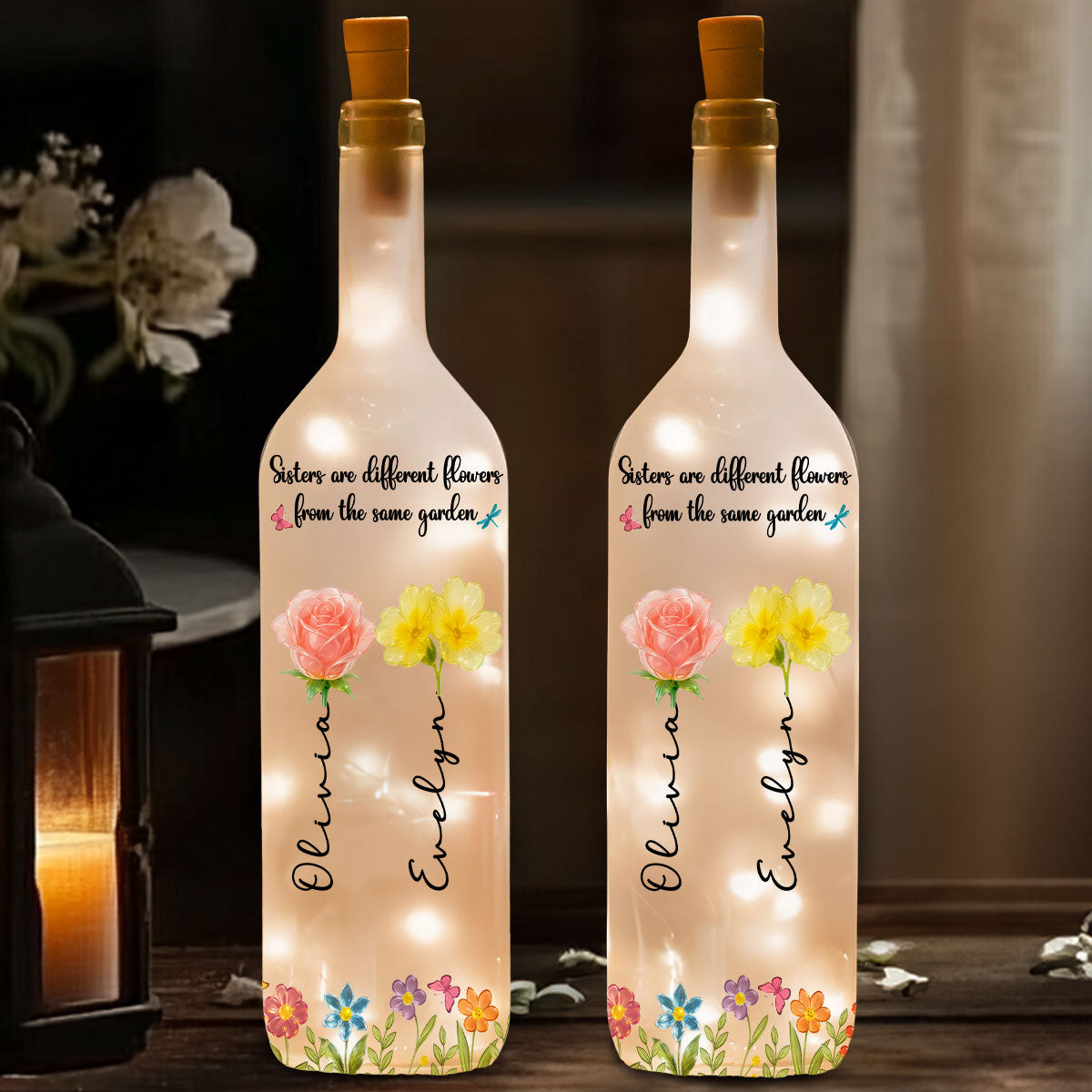 Sisters Are Different Flowers From The Same Garden Ver 2 - Personalized Custom Bottle Lamp