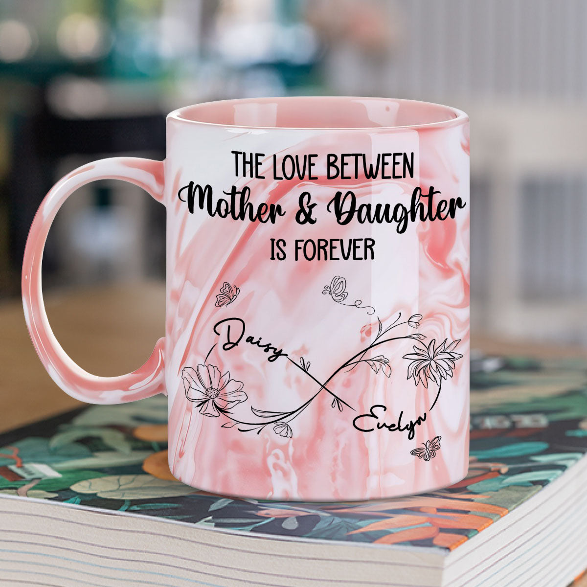 Mom And Daughter Forever Linked Together - Personalized Custom Pink Marble Mug