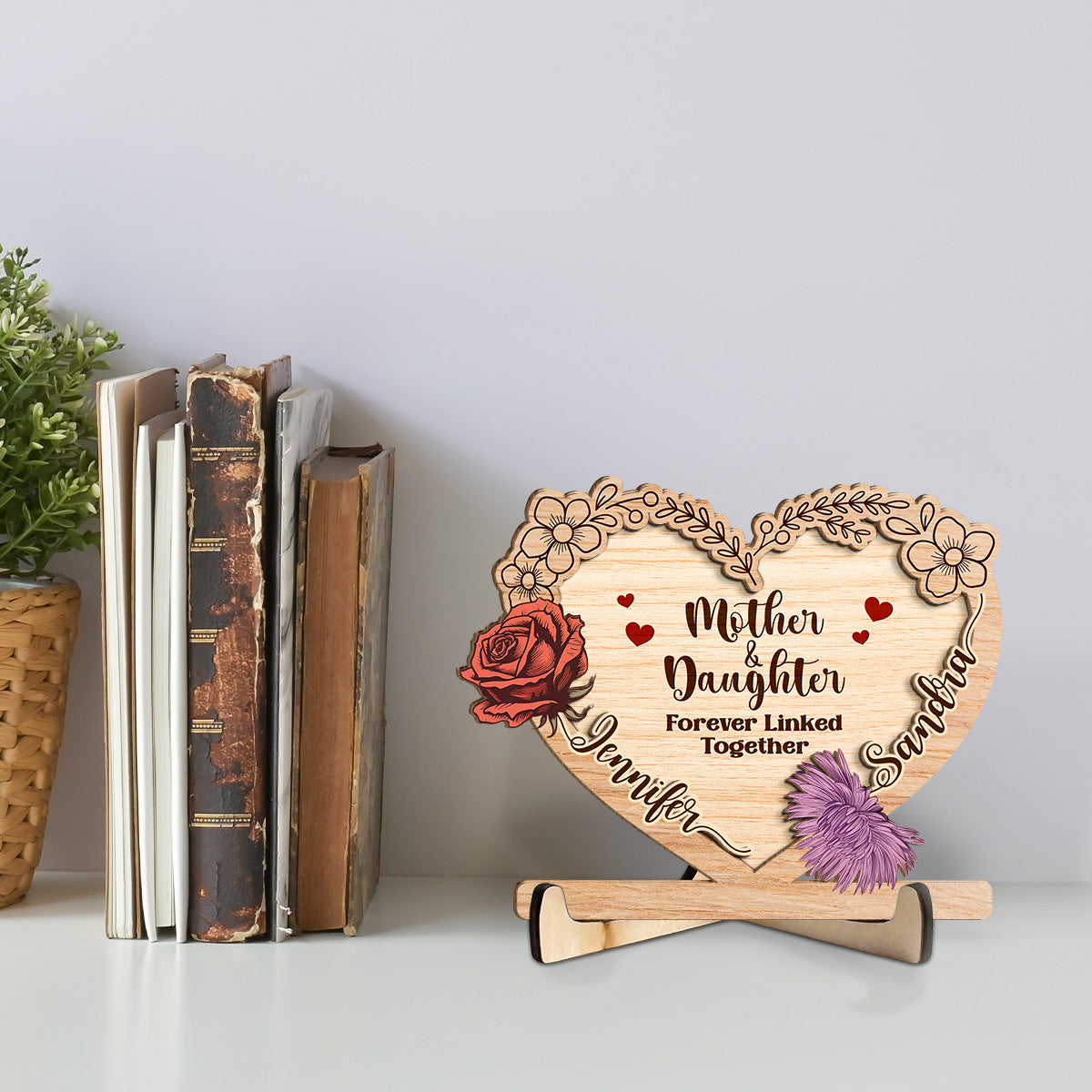 Linked Together Mom And Daughter - Personalized Custom Wooden Plaque