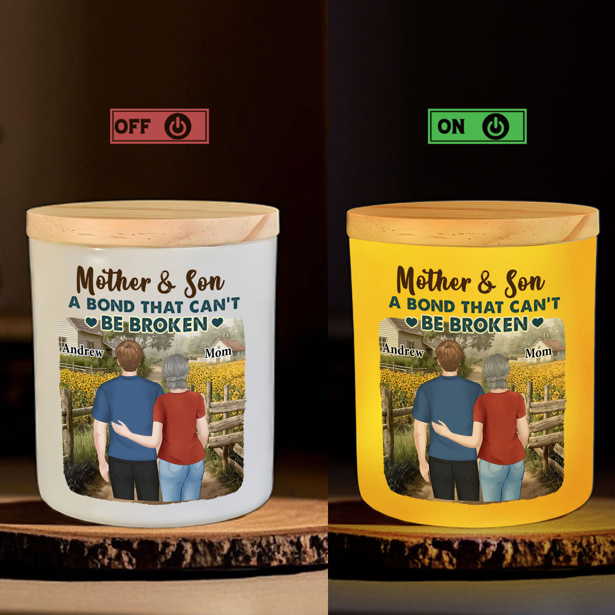 Sunflowers Mother And Child - Personalized Custom Glass Jar With LED Candle