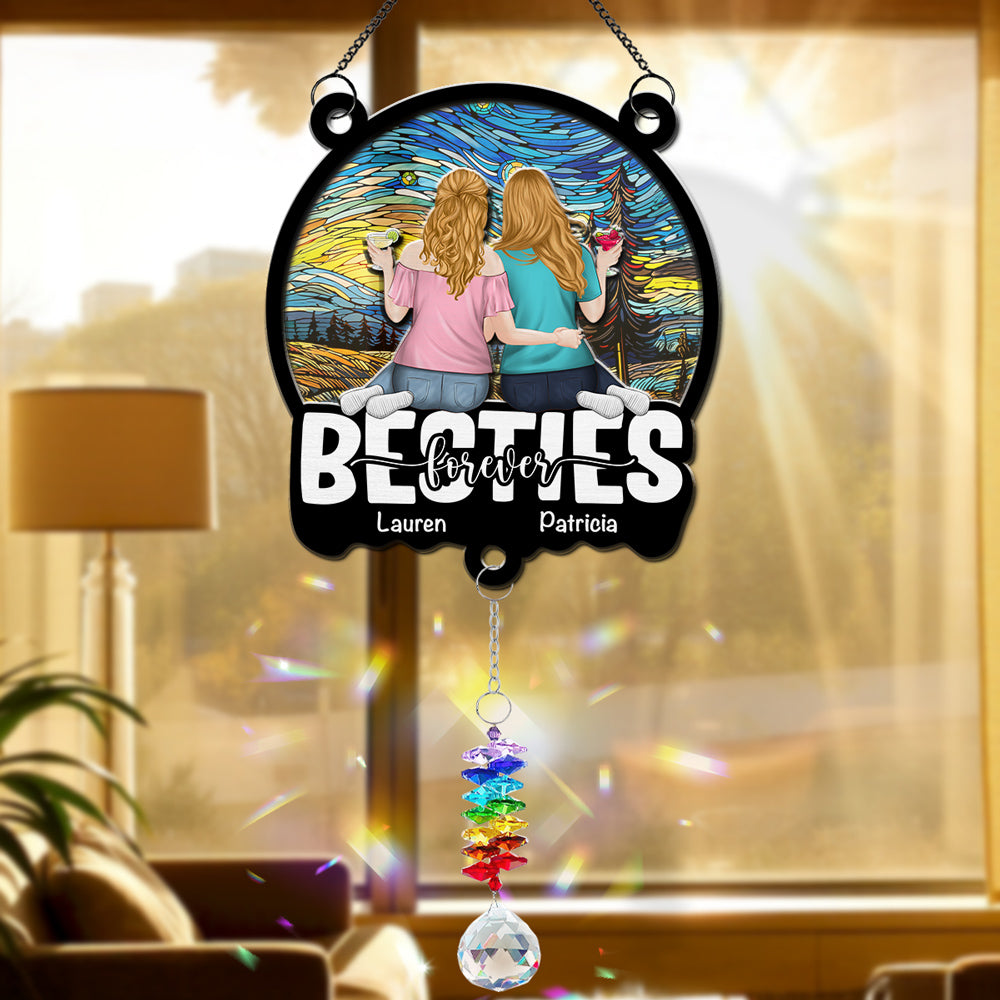 Besties Sitting Together - Personalized Custom Suncatcher With Crystal Rainbow Charm