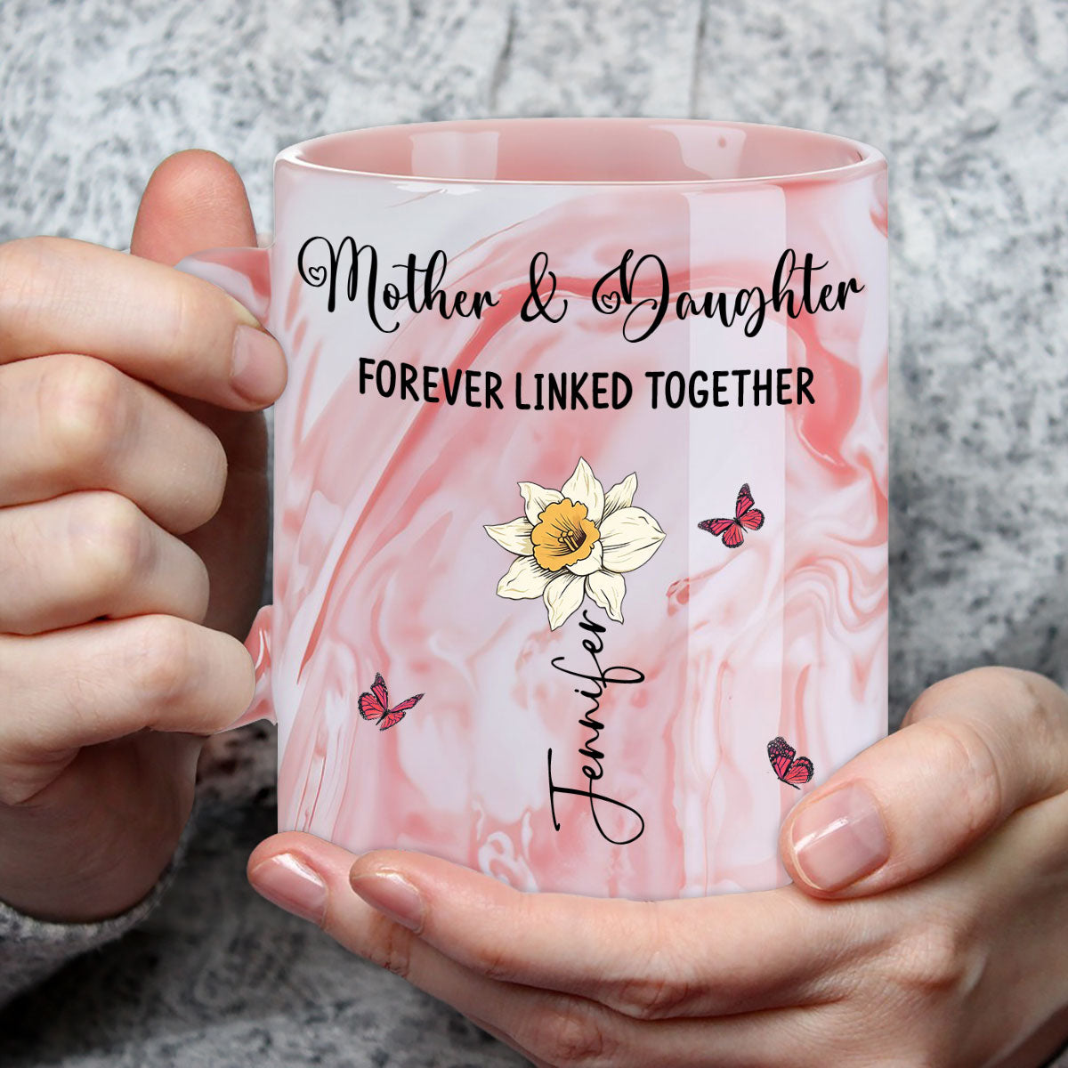 Mom And Daughter Forever Linked Together - Personalized Custom Pink Marble Mug