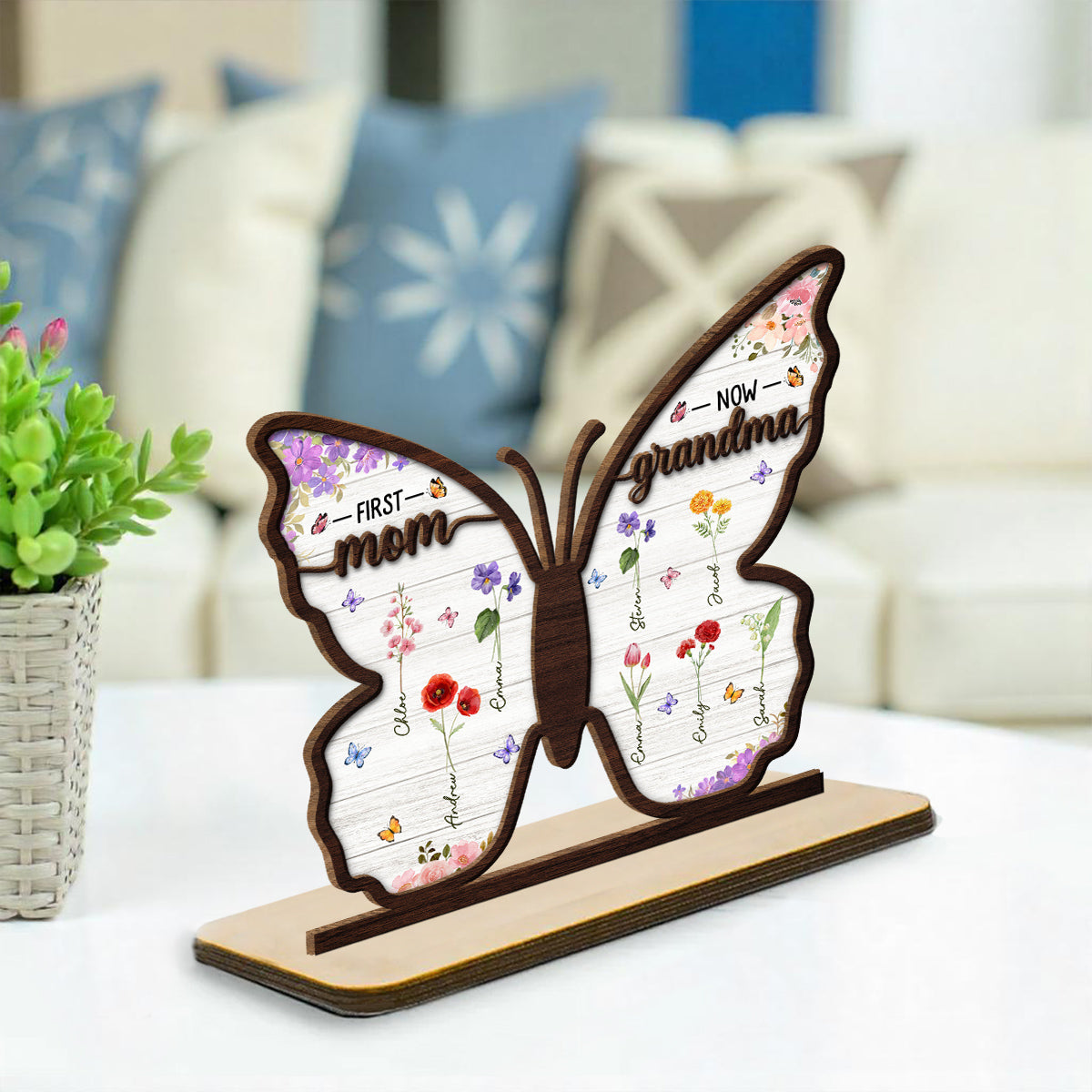 First Mom Now Grandma Butterfly - Personalized Custom 2-Layer Wood Plaque With Flat Base