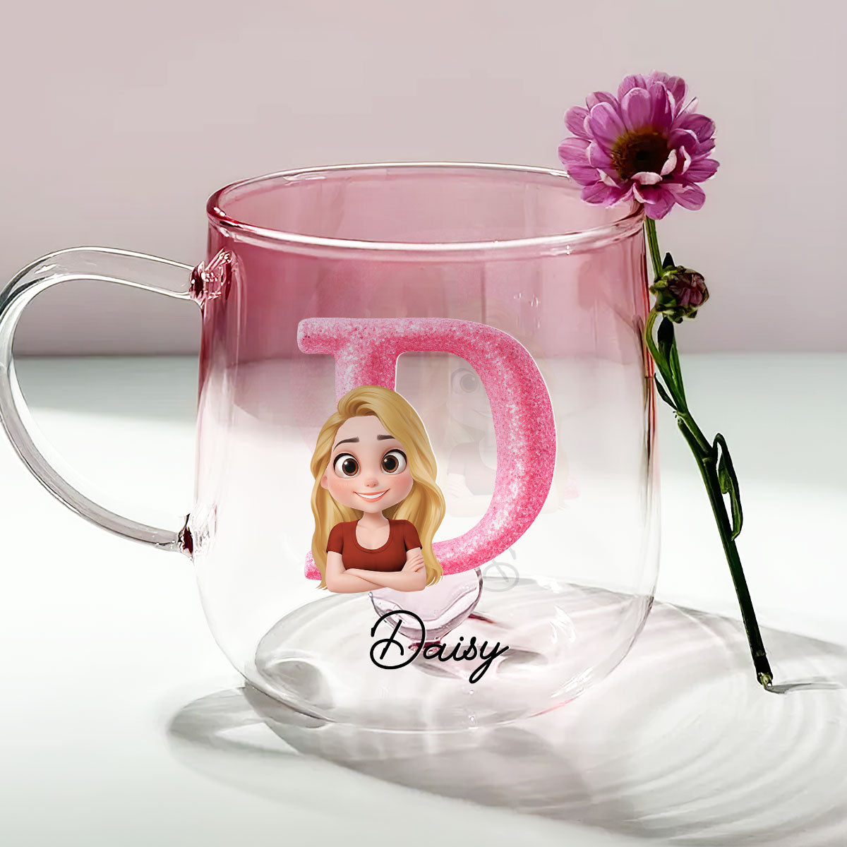 Glitter Alphabet Cartoon - Personalized Custom Pink Gradient Glass Mug