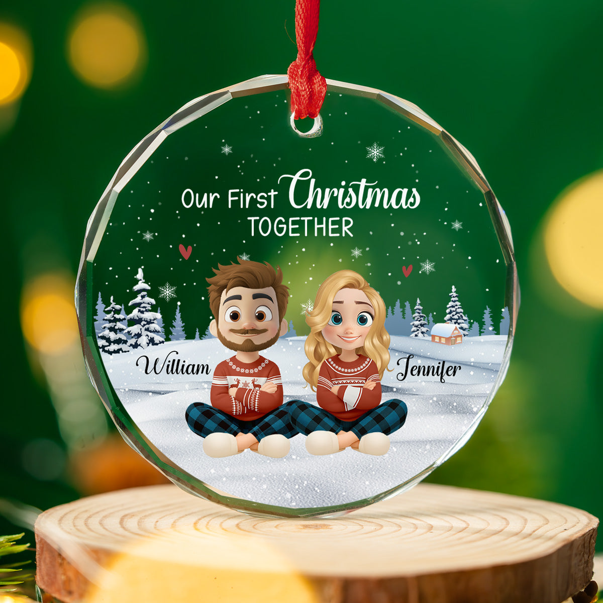 Our First Christmas Together Cartoonize - Personalized Custom Glass Ornament