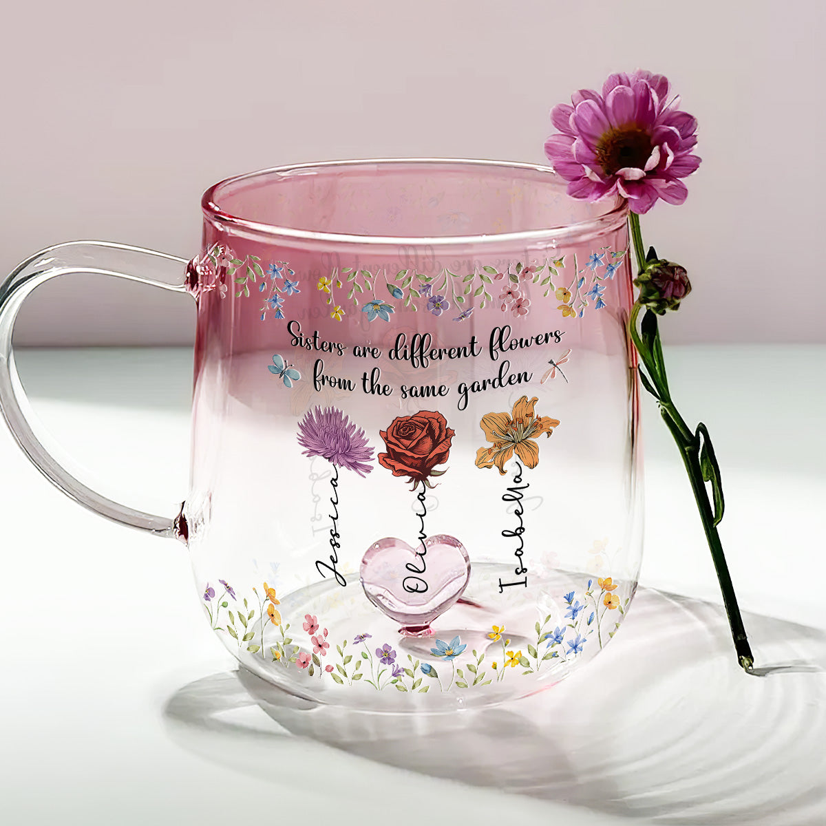 Sisters Are Different Flowers From The Same Garden - Personalized Custom Pink Gradient Glass Mug