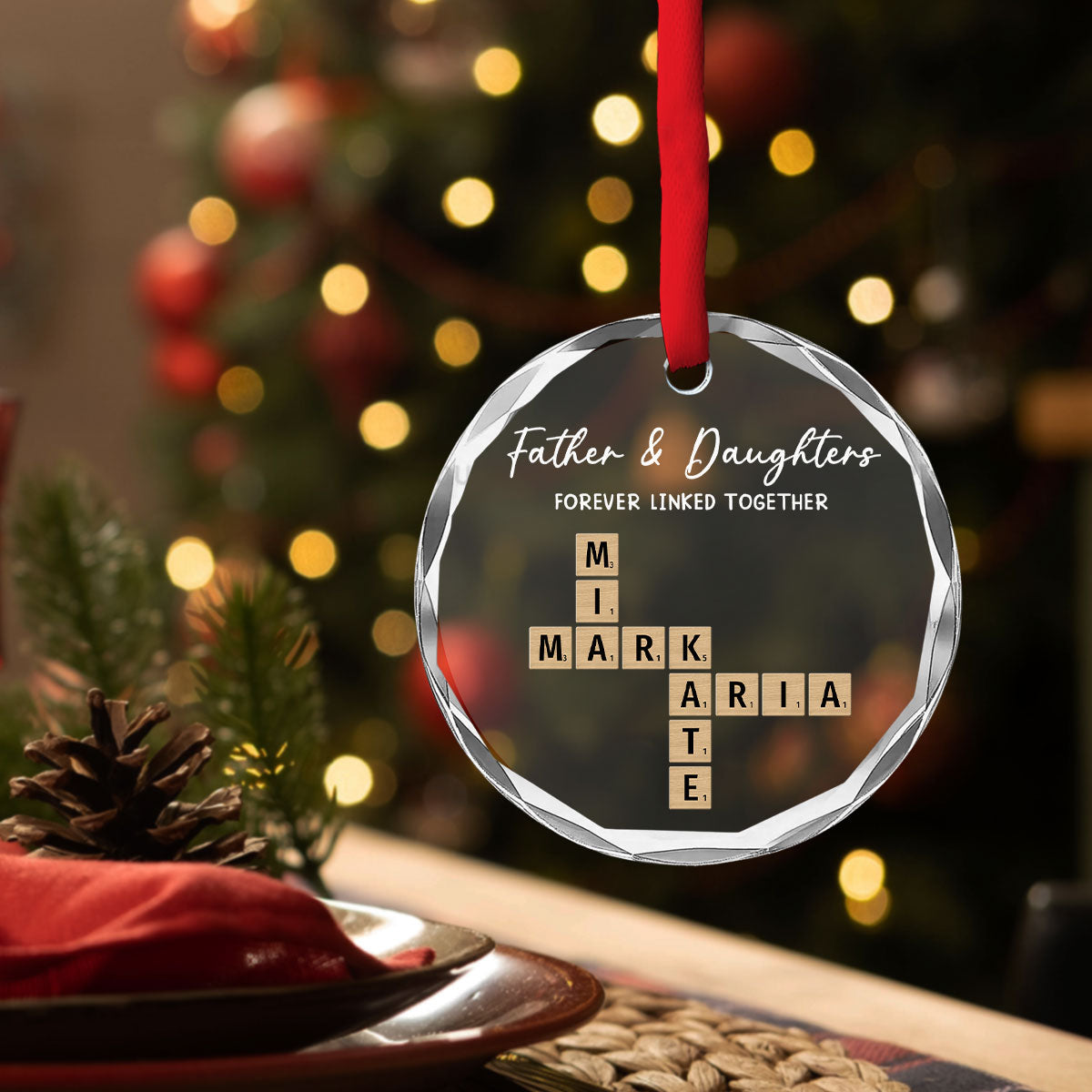 Father With Daughters Linked By Love - Personalized Custom Glass Ornament