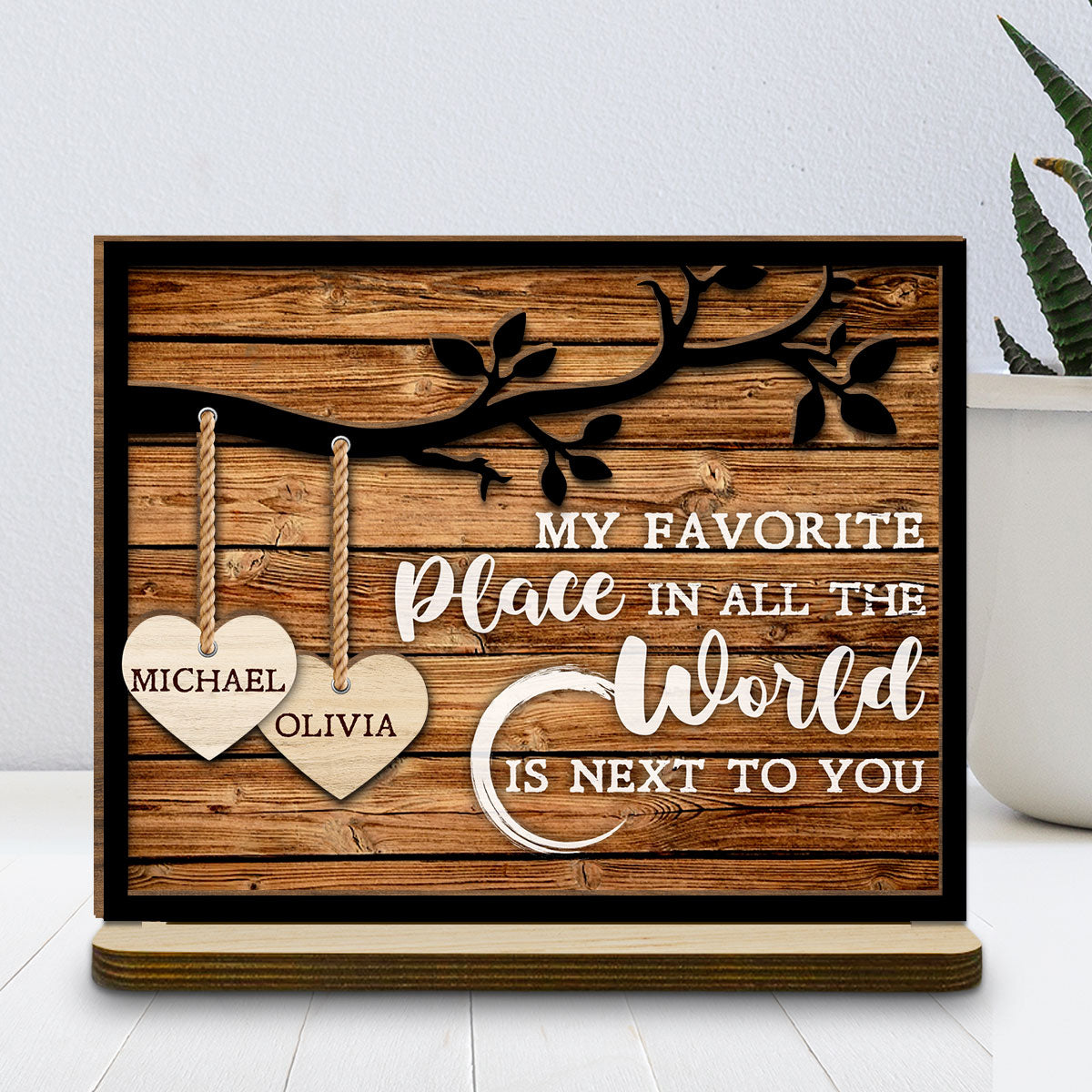Tree Hearts - Personalized Custom 2-Layer Wood Plaque With Flat Base