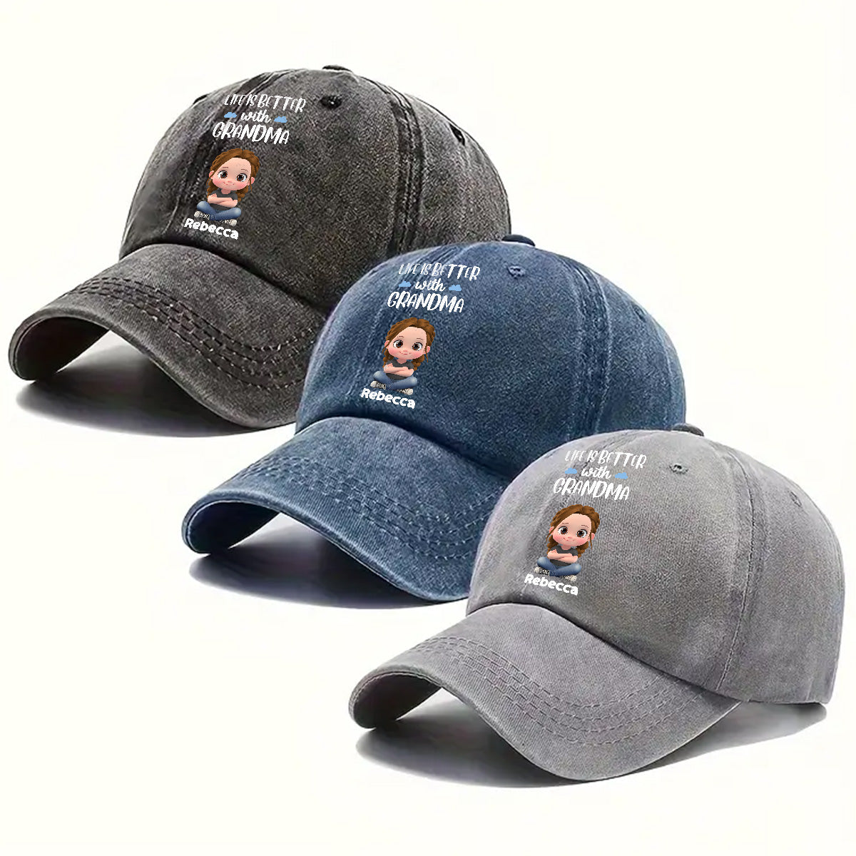 Life Is Better With Grandma - Personalized Custom Vintage Washed Denim Cap