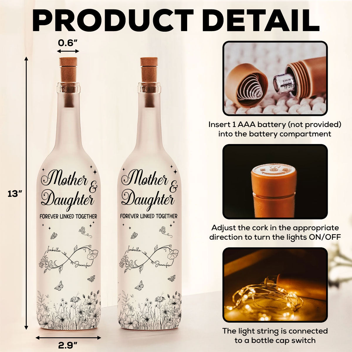Mother And Daughter Forever Linked Together - Personalized Custom Bottle Lamp