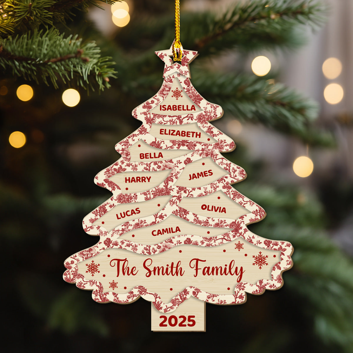 Family Names Christmas Tree Toile De Jouy - Personalized Custom Wood Ornament