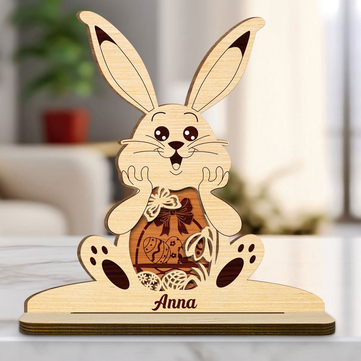 Bunny Bliss Celebration - Personalized Custom 2-Layer Wood Plaque With Flat Base