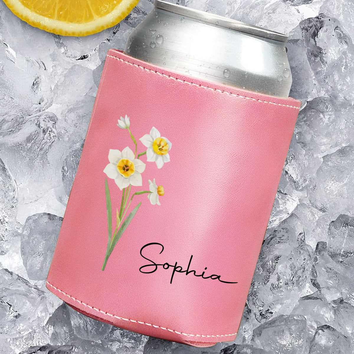 You Are The Most Beautiful Flower - Personalized Custom Pink Leather Can Cooler Holder