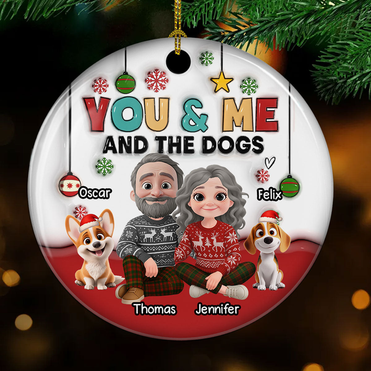 Our Holiday With Lovely Dog - Personalized Custom 3D Inflated Effect Ceramic Ornament