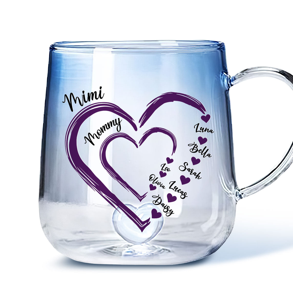 Mom Heart - Personalized Custom Blue Gradient Glass Mug