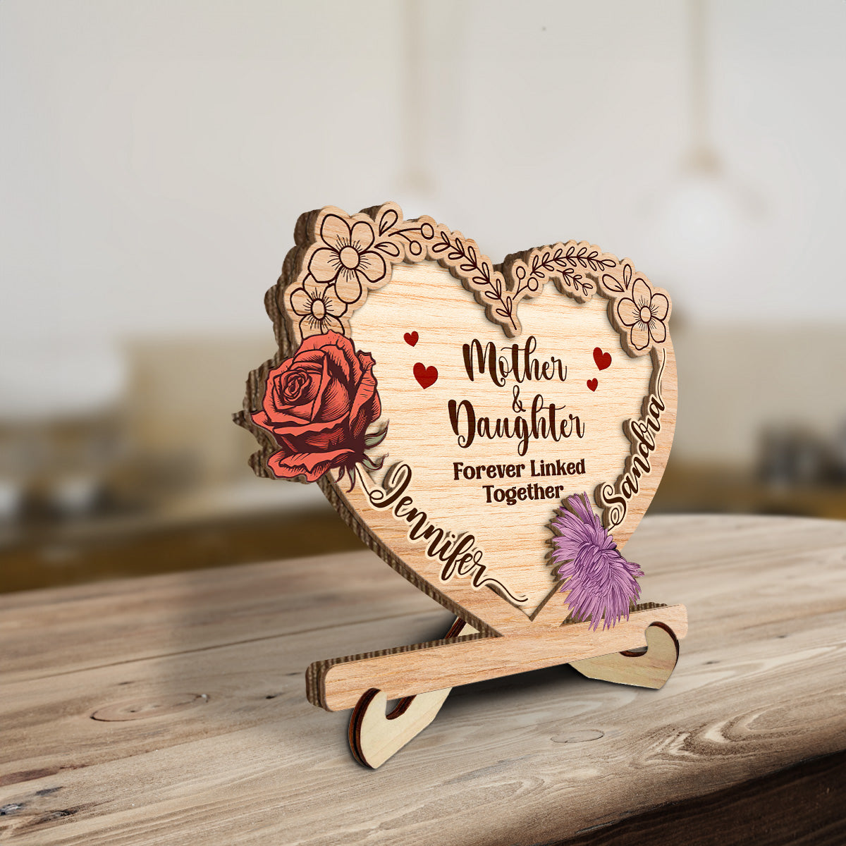 Linked Together Mom And Daughter - Personalized Custom Wooden Plaque