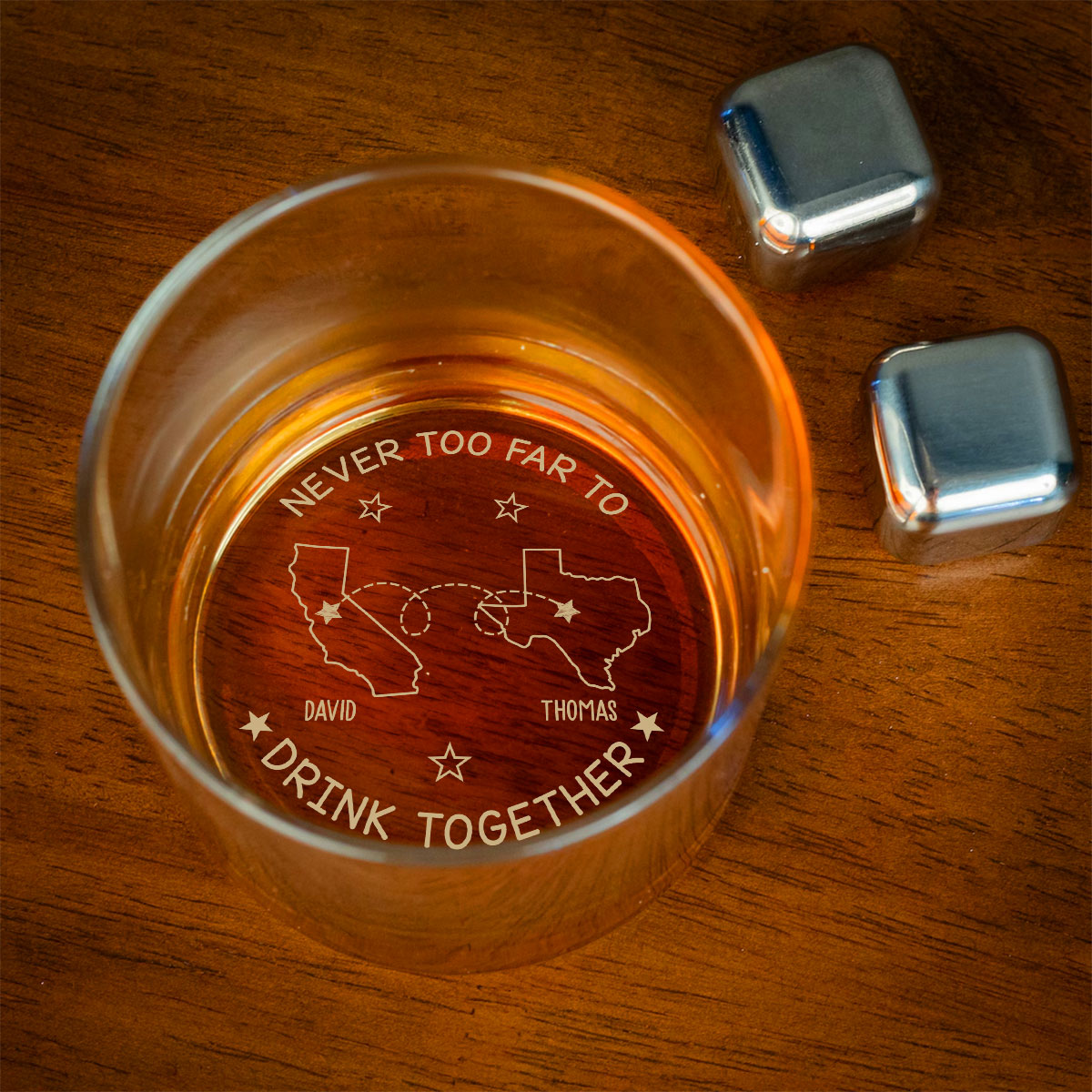 Never Too Far To Drink Together - Personalized Custom Engraved Whiskey Glass