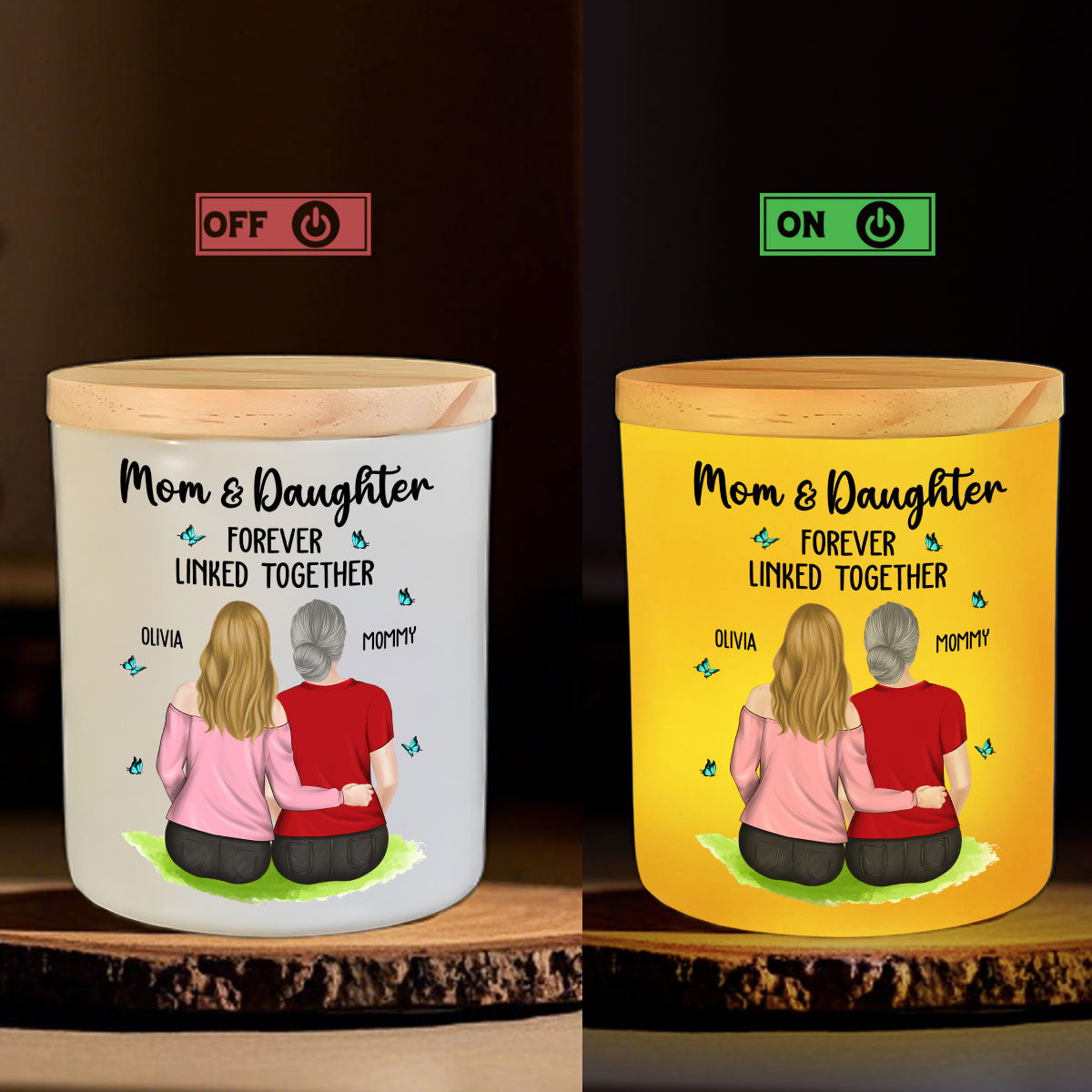 Mom And Children Forever Linked Together - Personalized Custom Glass Jar With LED Candle
