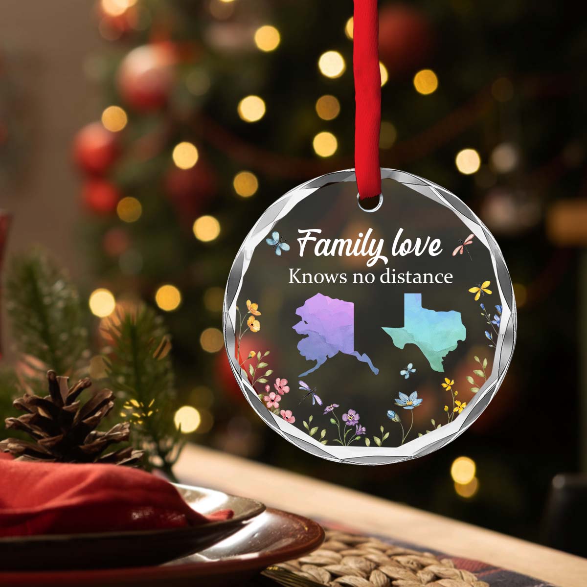 Family Love Knows No Distance Floral Version - Personalized Custom Glass Ornament