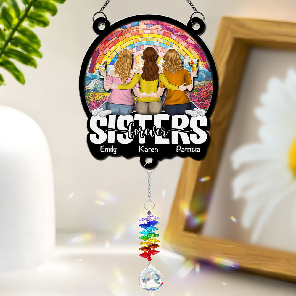 Besties Sitting Together - Personalized Custom Suncatcher With Crystal Rainbow Charm