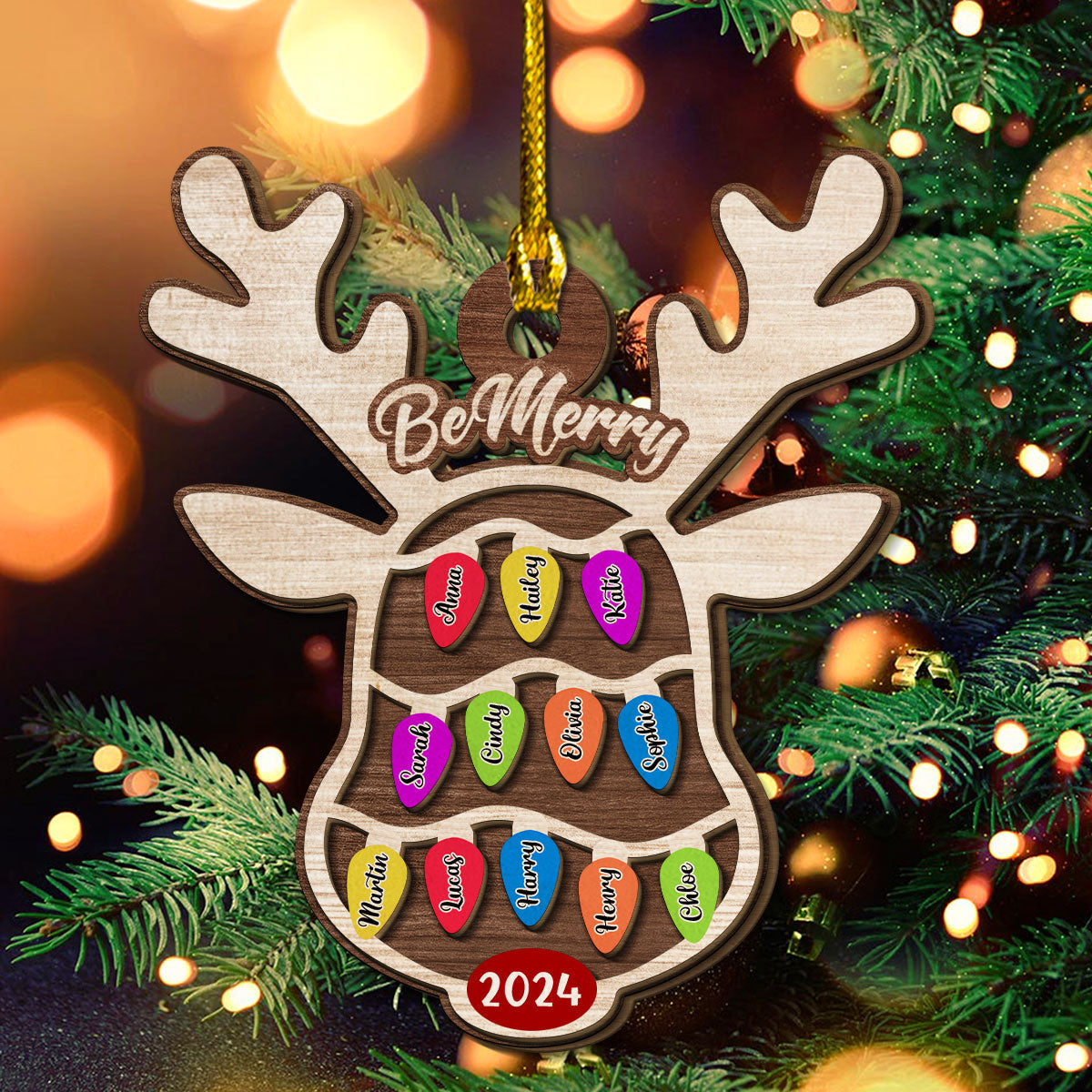 Reindeer Christmas Family Light - Personalized Custom 2-Layered Wood Ornament