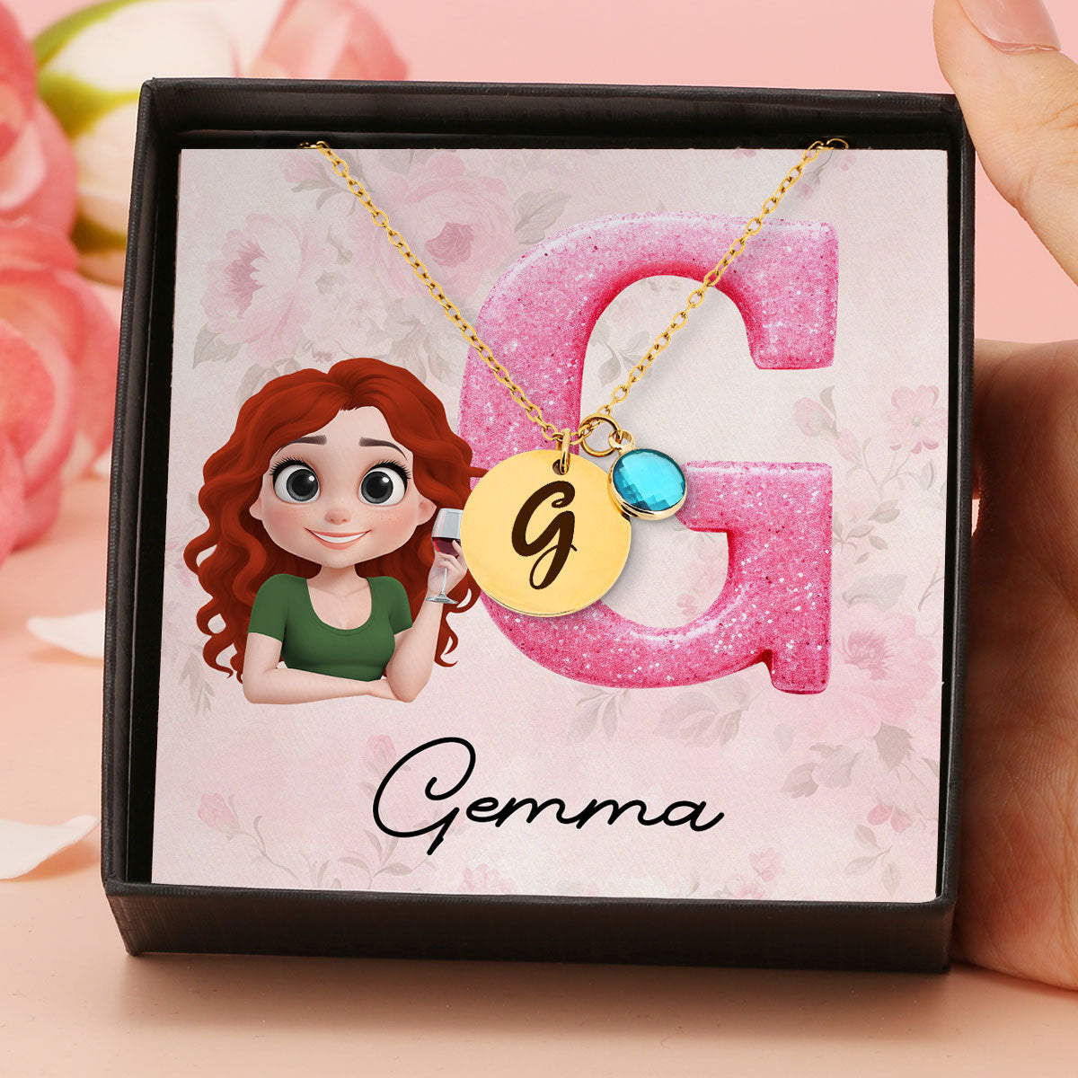Glitter Alphabet Cartoon - Personalized Custom Birthstone Necklace With Message Card