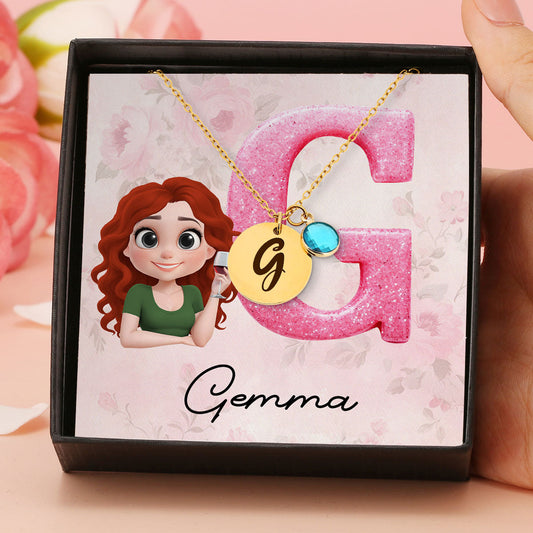 Glitter Alphabet Cartoon - Personalized Custom Birthstone Necklace With Message Card