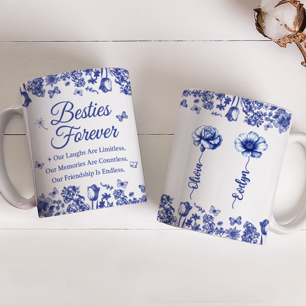 Besties Forever Blue Toile - Personalized Custom Coffee Mug