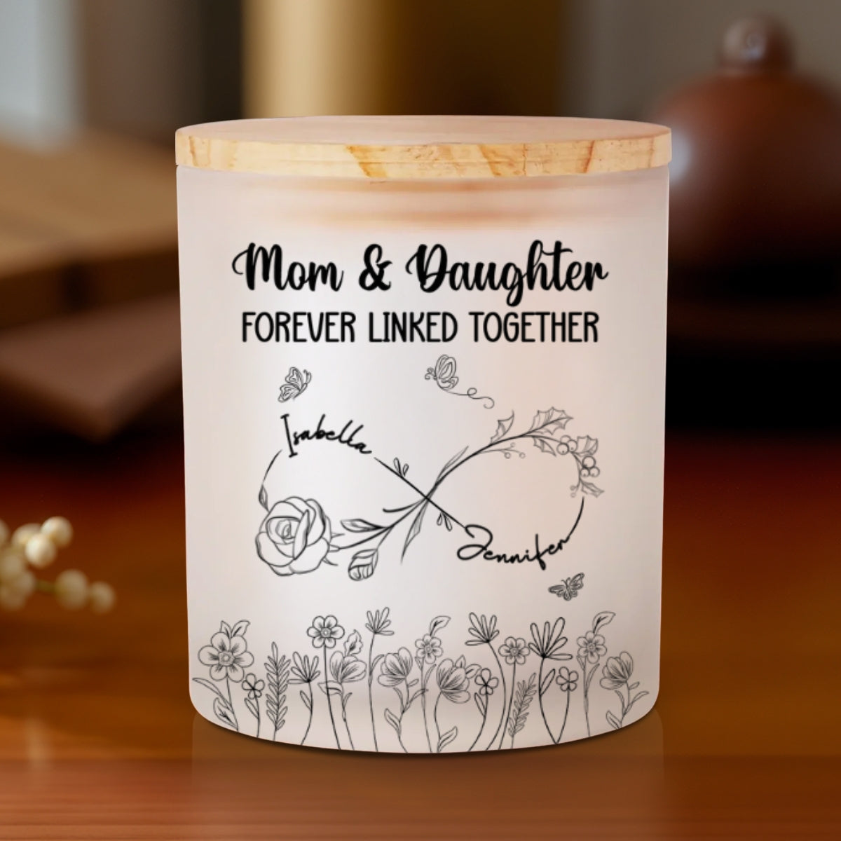 Mom And Daughter Forever Linked Together - Personalized Custom Glass Jar With LED Candle