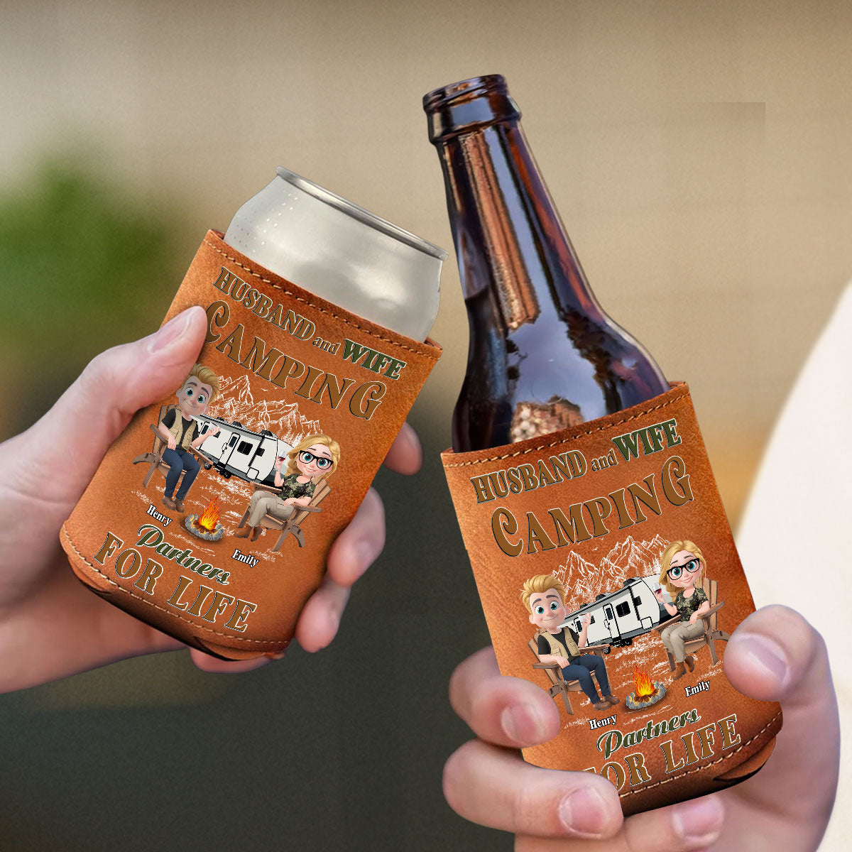 Memories At Campsite - Personalized Custom Leather Can Cooler Holder