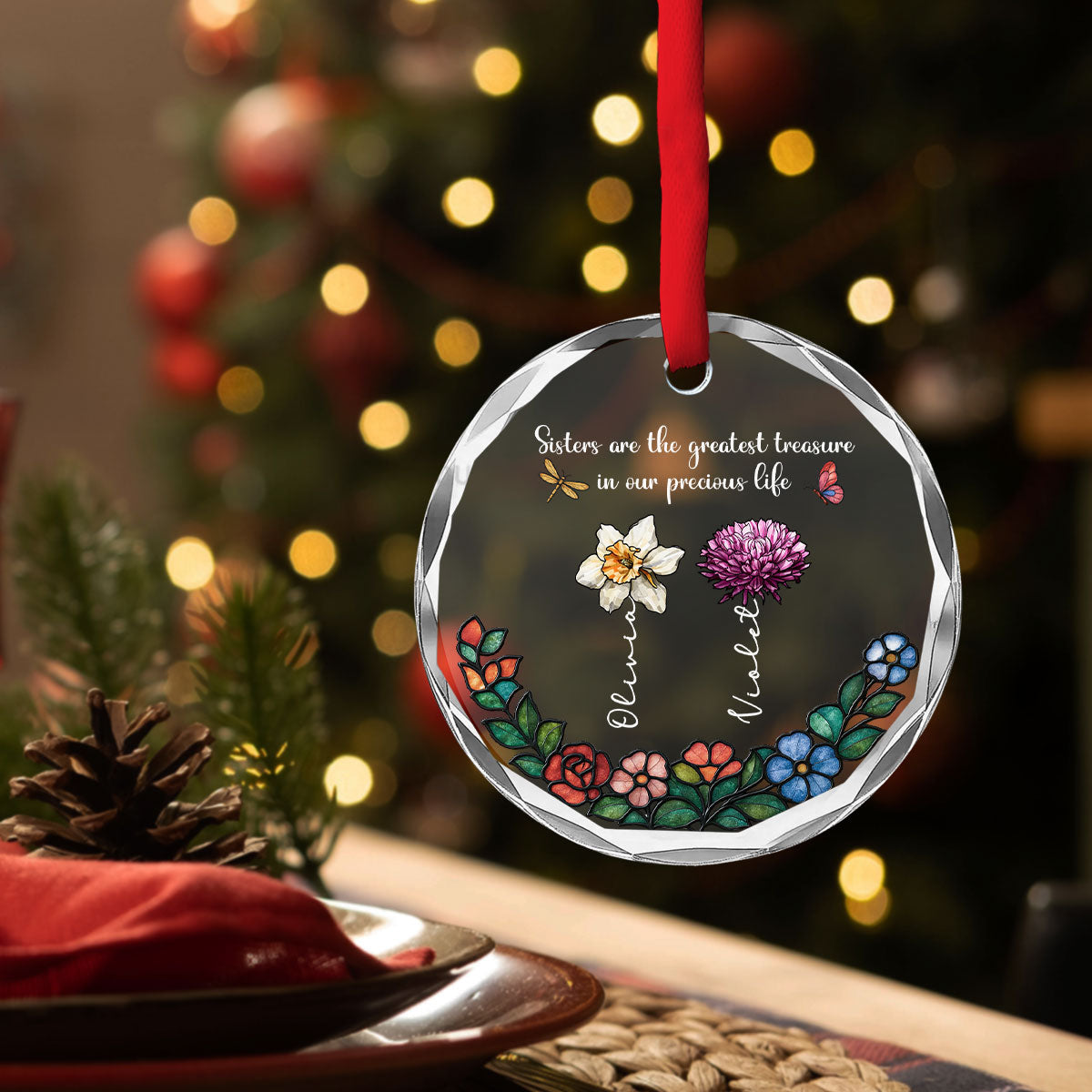 Sisters Bloom In Precious Life - Personalized Custom Glass Ornament