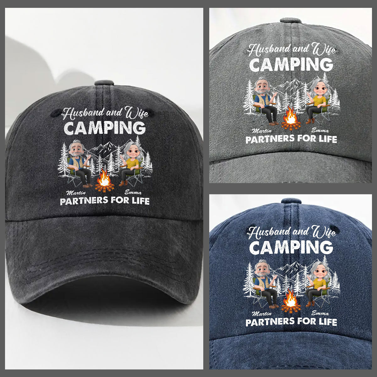 Husband And Wife Camping Life - Personalized Custom Vintage Washed Denim Cap