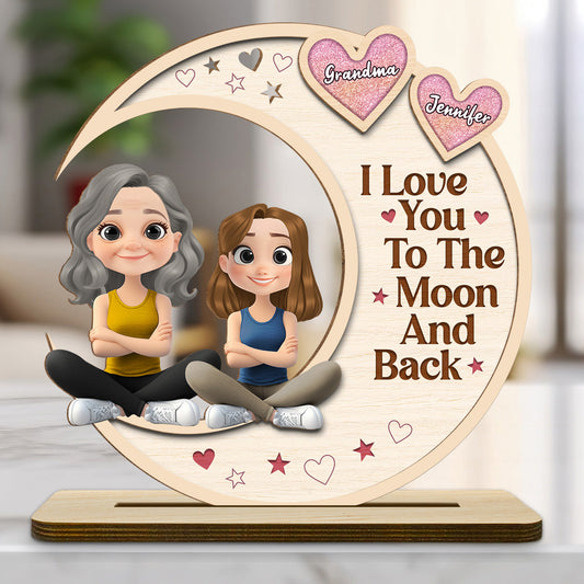 Grandma And Granddaughter Sitting In The Moon - Personalized Custom 2-Layer Wood Plaque With Flat Base