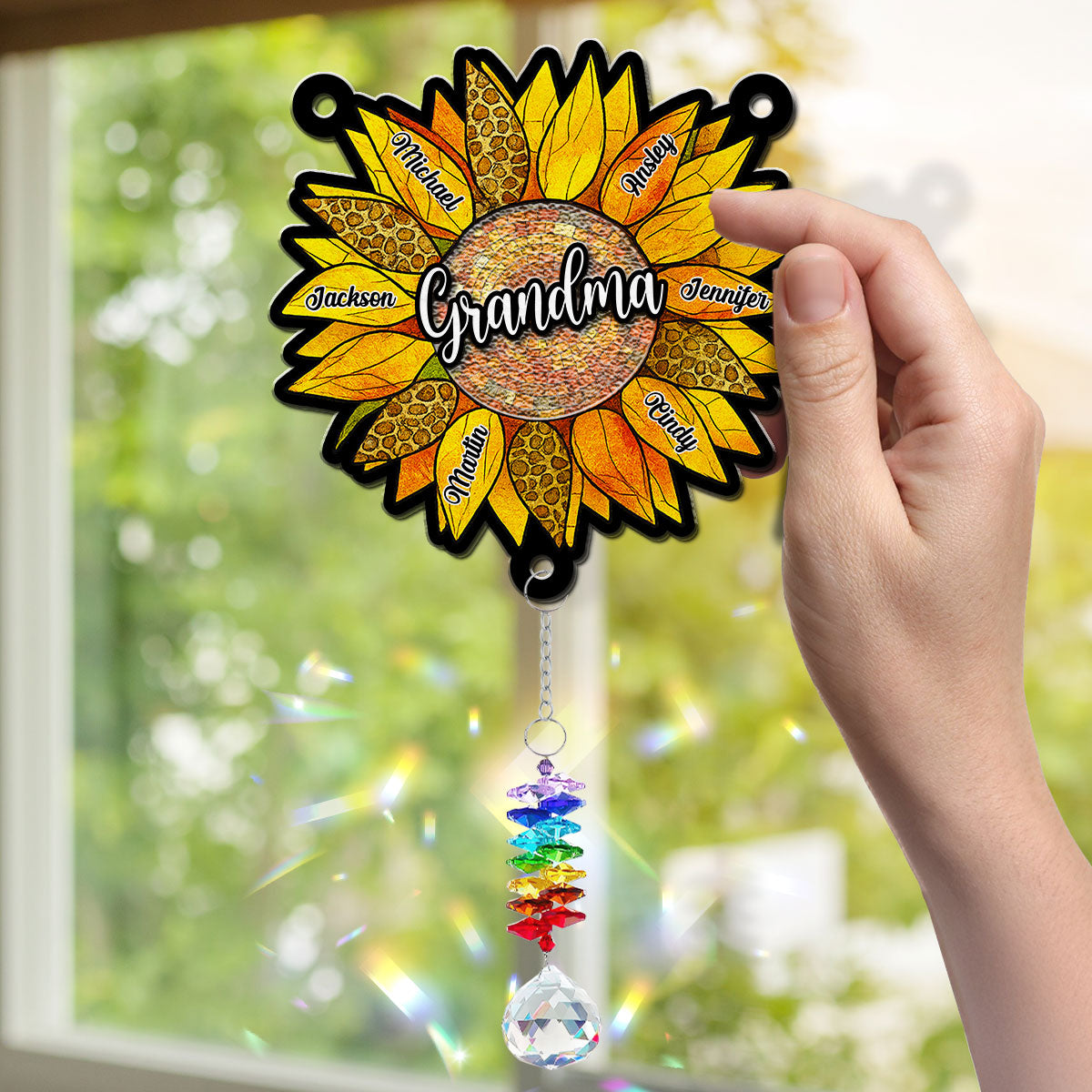 Beautiful Sunflower Grandma - Personalized Custom Suncatcher With Crystal Rainbow Charm