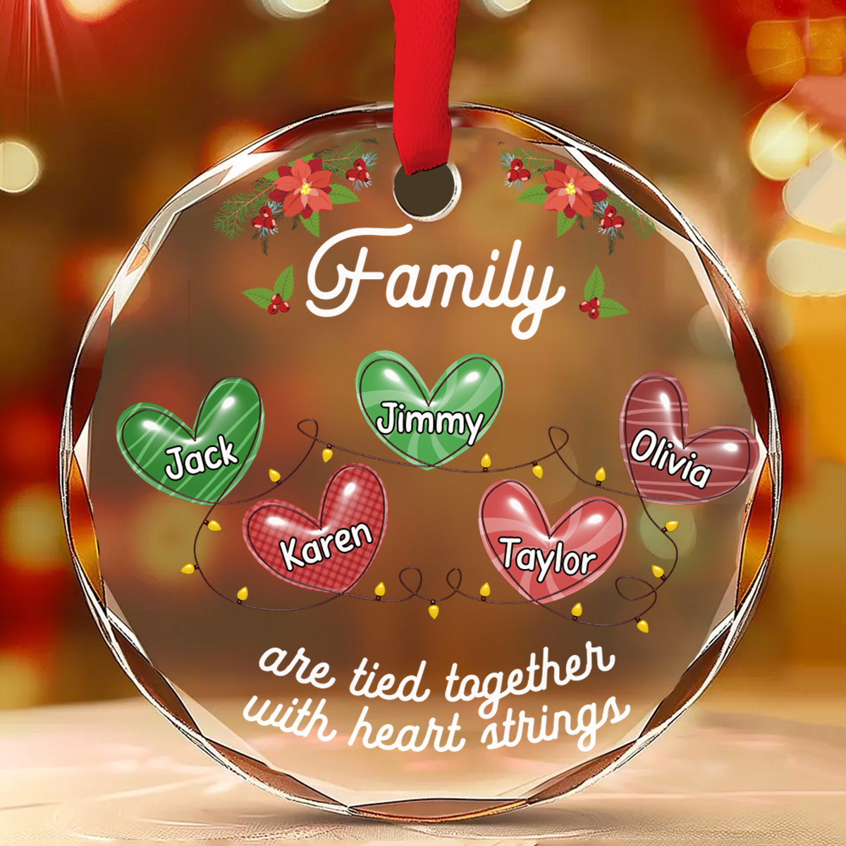 Family Are Tied Together With Heart Strings - Personalized Custom Glass Ornament